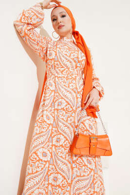 Çiçek Desen Kuşaklı Viskon Elbise Oranj - Tesettür Elbise