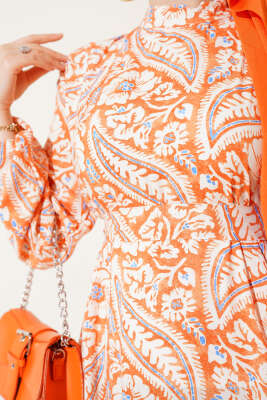 Çiçek Desen Kuşaklı Viskon Elbise Oranj - Tesettür Elbise