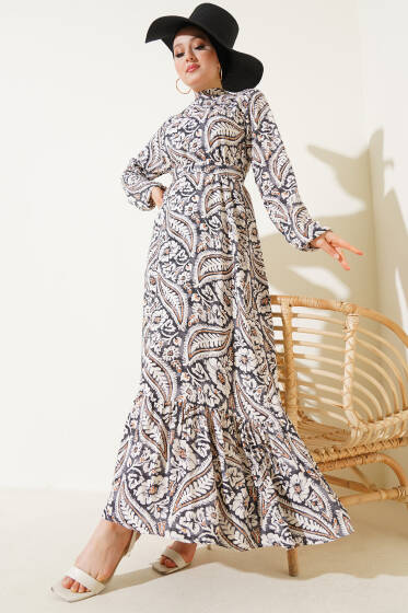 Çiçek Desen Kuşaklı Viskon Elbise Siyah - Elbise