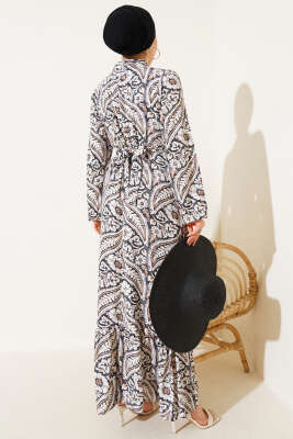 Çiçek Desen Kuşaklı Viskon Elbise Siyah - Tesettür Elbise