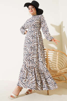 Çiçek Desen Kuşaklı Viskon Elbise Siyah