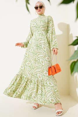 Çiçek Desen Kuşaklı Viskon Elbise Yeşil