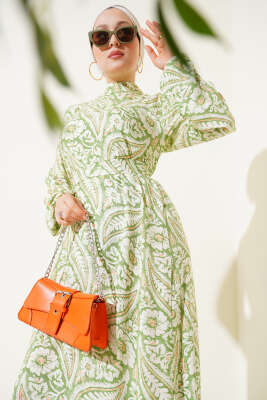 Çiçek Desen Kuşaklı Viskon Elbise Yeşil - Tesettür Elbise