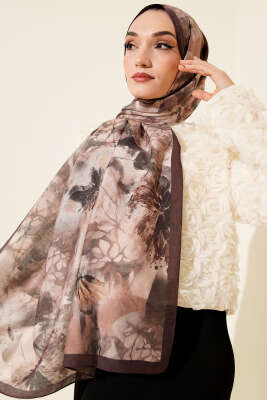 Çiçek Desen Modal Şal Acı Kahve - Başörtüsü