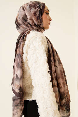 Çiçek Desen Modal Şal Acı Kahve - Başörtüsü