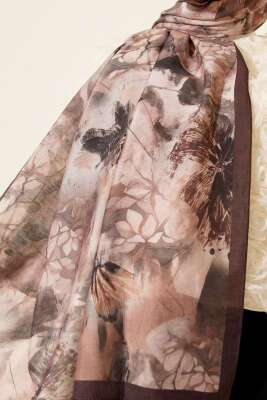 Çiçek Desen Modal Şal Acı Kahve - Başörtüsü