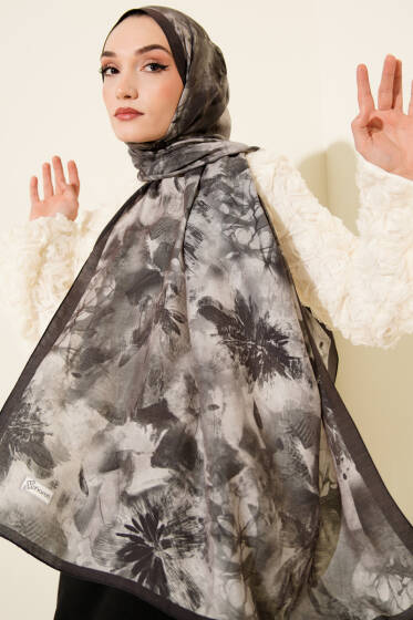 Çiçek Desen Modal Şal Antrasit - Başörtüsü
