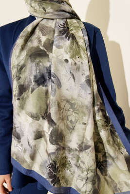 Çiçek Desen Modal Şal İndigo - Başörtüsü