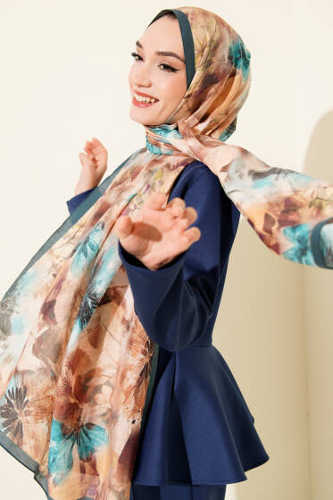 Çiçek Desen Modal Şal Petrol Yeşili - Başörtüsü
