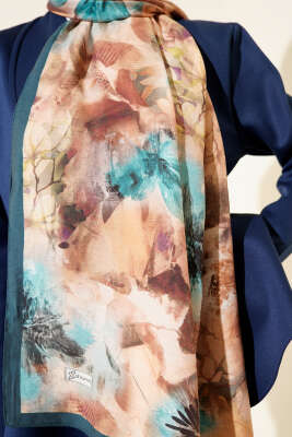 Çiçek Desen Modal Şal Petrol Yeşili - Başörtüsü