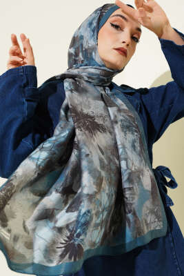 Çiçek Desen Modal Şal Soft Mavi - VERTU (NYD TEKSTİL)