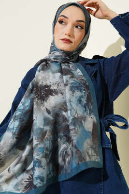 Çiçek Desen Modal Şal Soft Mavi - Başörtüsü