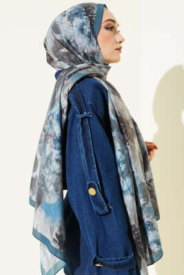 Çiçek Desen Modal Şal Soft Mavi - Başörtüsü