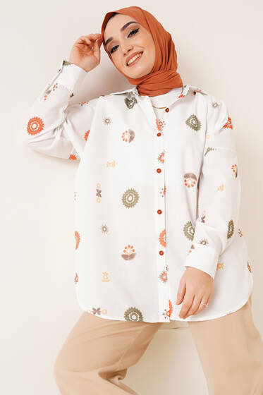 Çiçek Desen Oversize Gömlek Taba - Gömlek