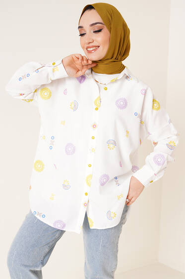 Çiçek Desen Oversize Gömlek Yağ Yeşili - Gömlek