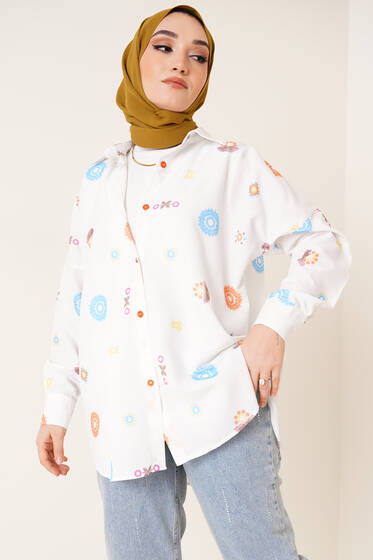 Çiçek Desen Oversize Gömlek Oranj - Gömlek