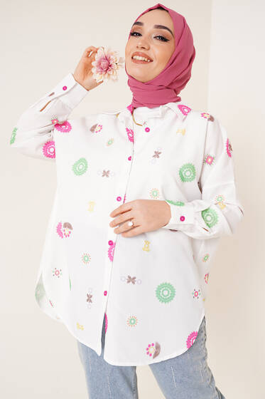 Çiçek Desen Oversize Gömlek Fuşya - Gömlek