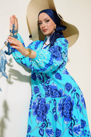 Çiçek Desen Salaş Elbise Mavi - Elbise