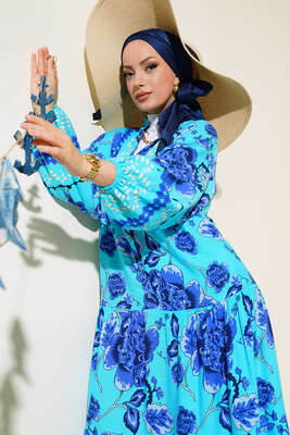 Çiçek Desen Salaş Elbise Mavi 