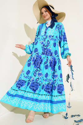 Çiçek Desen Salaş Elbise Mavi - Tesettür Elbise