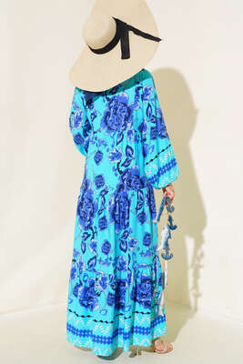 Çiçek Desen Salaş Elbise Mavi - Tesettür Elbise