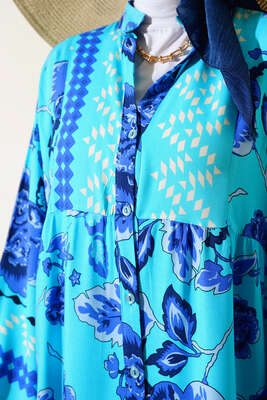 Çiçek Desen Salaş Elbise Mavi - Tesettür Elbise