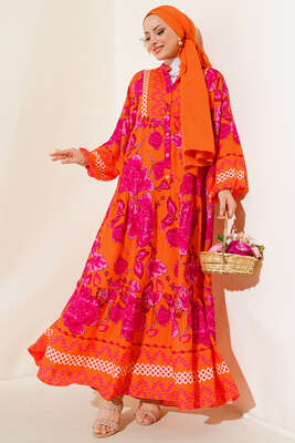 Çiçek Desen Salaş Elbise Oranj - MUSTİ