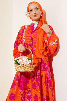 Çiçek Desen Salaş Elbise Oranj - Tesettür Elbise