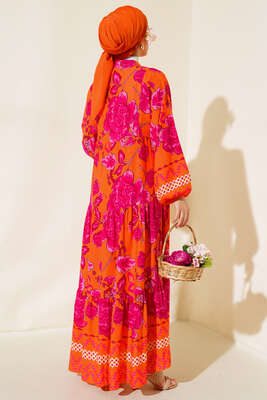 Çiçek Desen Salaş Elbise Oranj - Tesettür Elbise