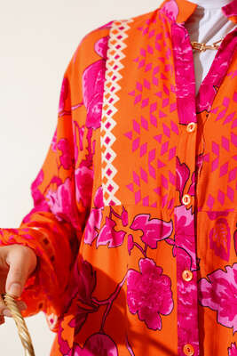 Çiçek Desen Salaş Elbise Oranj - Tesettür Elbise