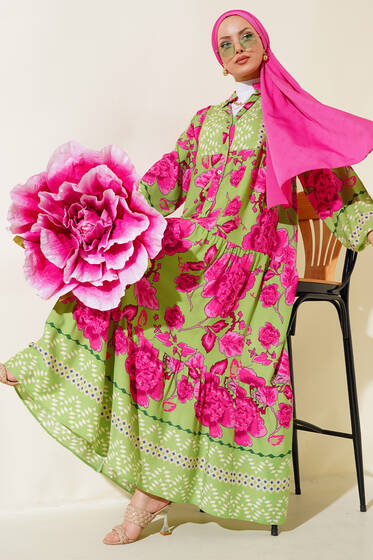 Çiçek Desen Salaş Elbise Yeşil - Elbise