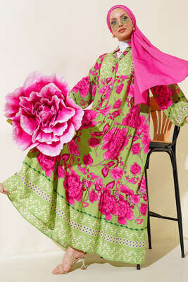 Çiçek Desen Salaş Elbise Yeşil 