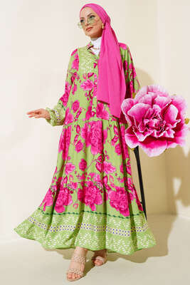 Çiçek Desen Salaş Elbise Yeşil - Tesettür Elbise