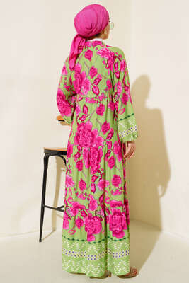 Çiçek Desen Salaş Elbise Yeşil - Tesettür Elbise