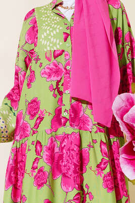 Çiçek Desen Salaş Elbise Yeşil - Tesettür Elbise