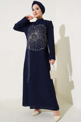 Çiçek Desen Taşlı Büyük Beden Elbise Lacivert - Tesettür Elbise