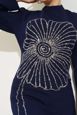 Çiçek Desen Taşlı Büyük Beden Elbise Lacivert - Tesettür Elbise