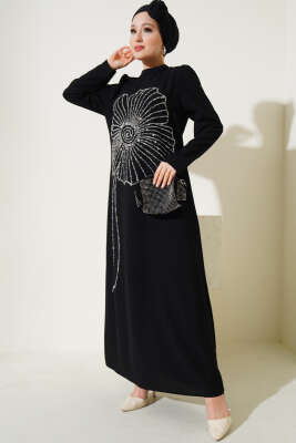 Çiçek Desen Taşlı Büyük Beden Elbise Siyah - Tesettür Elbise