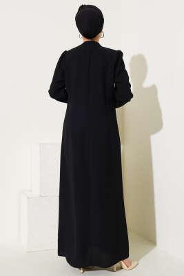 Çiçek Desen Taşlı Büyük Beden Elbise Siyah - Tesettür Elbise