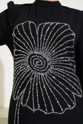 Çiçek Desen Taşlı Büyük Beden Elbise Siyah - Tesettür Elbise