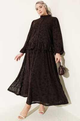 Çiçek Desen Tül Etekli İkili Takım Kahve - HATUN