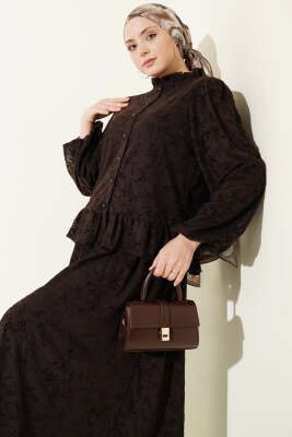 Çiçek Desen Tül Etekli İkili Takım Kahve - İkili Takım