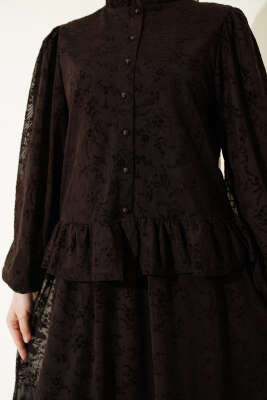 Çiçek Desen Tül Etekli İkili Takım Kahve - İkili Takım