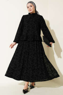 Çiçek Desen Tül Etekli İkili Takım Siyah - HATUN