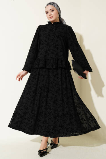 Çiçek Desen Tül Etekli İkili Takım Siyah - İkili Takım