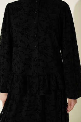 Çiçek Desen Tül Etekli İkili Takım Siyah - İkili Takım