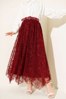 Çiçek Desen Tül Kemerli Etek Bordo - ALİ AKKAYA