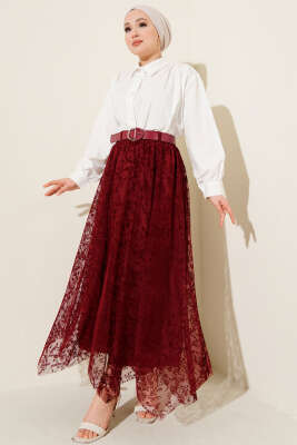 Çiçek Desen Tül Kemerli Etek Bordo - Etek
