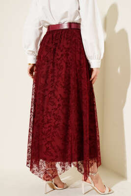 Çiçek Desen Tül Kemerli Etek Bordo - Etek