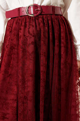 Çiçek Desen Tül Kemerli Etek Bordo - Etek